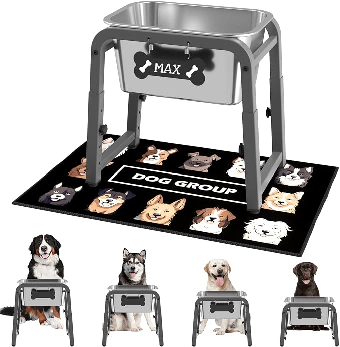 1.85 Gallon Elevated Dog Water Bowl, Height Adjustable (10.4–15.2'') Raised Stainless Steel Bowl with Spill-Proof Mat & Sturdy Metal Stand, Tip-Proof, Easy to Clean, Indoor & Outdoor Use