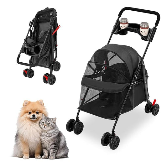 Pet Stroller for Small Medium Dogs Cats, Lightweight Foldable Pet Wagon with 360° Front Wheels & Brake, 40 lbs Capacity Carrier for Park Travel Shopping, Breathable Mesh Basket (Black)