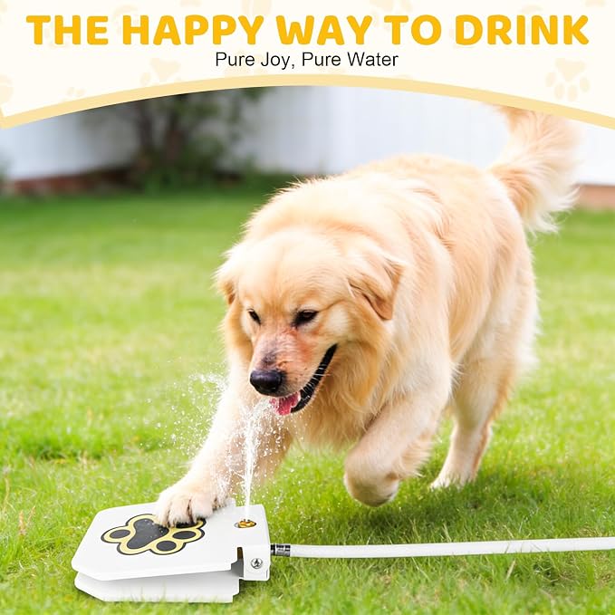 Dog Water Fountain Step On, Outdoor Paw Activated Water Fountain for Dogs, Paw Activated Drinking Water Toy with Hose for Fresh Water, Upgrade Copper Valve Set(White) (White-New)