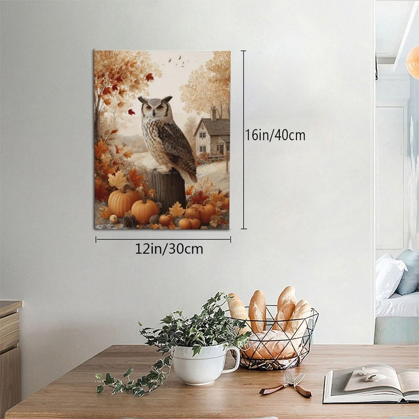 Fall Owl Wall Art Autumn Pumpkin Leaves Wall Decor Rustic Canvas Print Farmhouse Pictures Painting Print Framed Artwork Decorations Gifts for Living Room Bathroom Bedroom Office 12"x16"