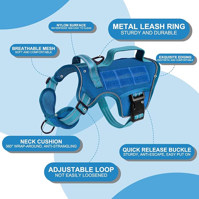 Dog Harness, Tactical No Pull for Small Sized Dog with Handle | Breathable Soft Padded, Adjustable, Reflective, Molle System, Heavy Duty, No Choke for Walking Training, Blue Small