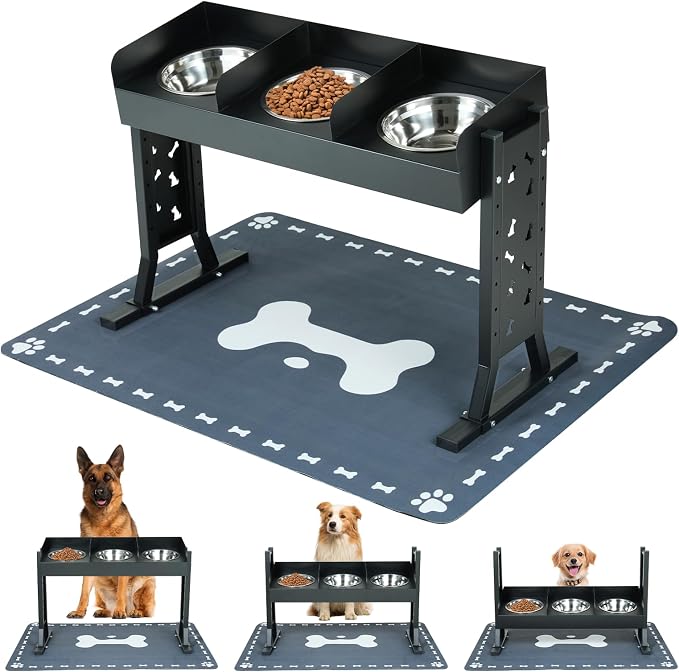 Elevated Dog Bowls for Large Breeds, Triple Dog Bowl Stand with 3 Stainless Steel Bowls, Adjustable Raised Dog Feeding Station, Slow Feeder Anti-Gulping Design, Heavy Duty