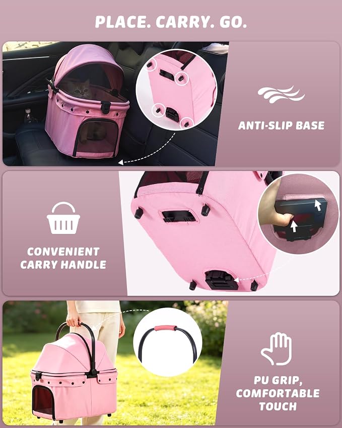 797Audio Dog Cat Stroller for Small Medium Pets,3-in-1 Foldable Pet Stroller with Detachable Carrier,Car Seat,One Click Folding,All-Terrain 4 Wheels,Adjustable Canopy with Sun Shades,Max 121lbs(Pink)