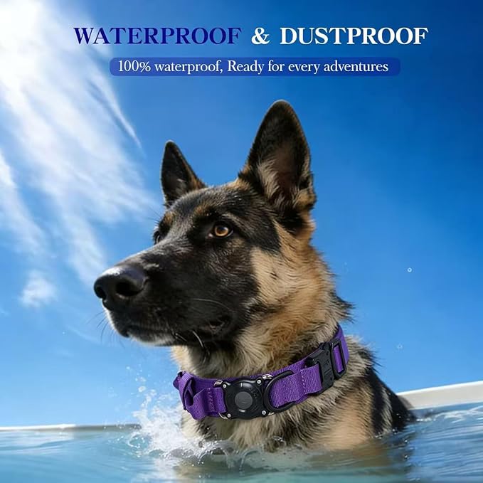 AirTag Dog Collar for Large Dogs Tactical Dog Collar with AirTag Holder | Upgrade Waterproof,Control Handle,Quick-Release Metal Buckle,1000D Nylon Fabric,Soft-Padded Webbing,Velcro Patch(Purple,XL)