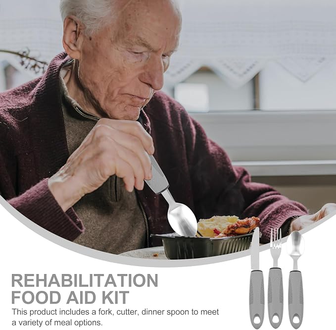 Healifty Anti-Shake Tableware Set 3-Piece Adaptive Utensils with Tpr Non-Slip Handles for Elderly Arthritis Hand Tremors Eating Aid