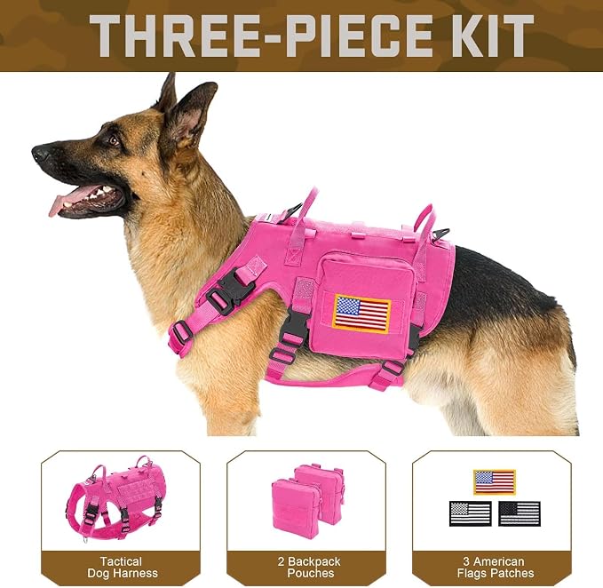 Forestpaw Tactical Dog Harness Pouches and Patches Set,S,Hot Pink | Adjustable Fits 17-25" Chest,20-35 lbs,No Pull Military Style Service Dog Vest for Daily Walking Training,Medium Dogs