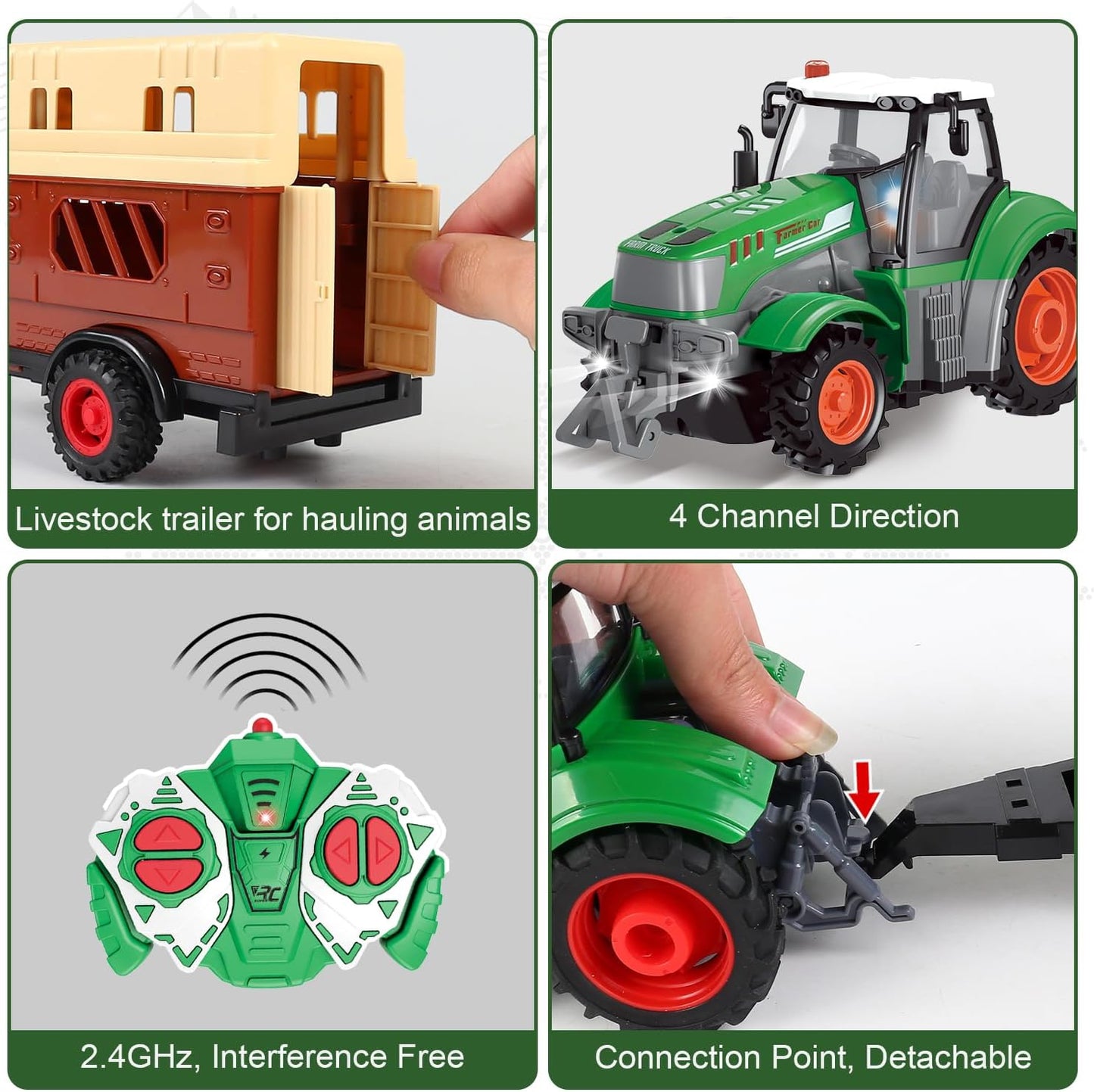 fisca Remote Control Tactor Toy Set & 33PSC Farm Vehicle Playset - Animal Figurines ,2.4GHz 1/24 Scale RC Tractor,Livestock Trailer, Fence with Light for Kids Age 4, 5, 6, 7 and Up Years Old