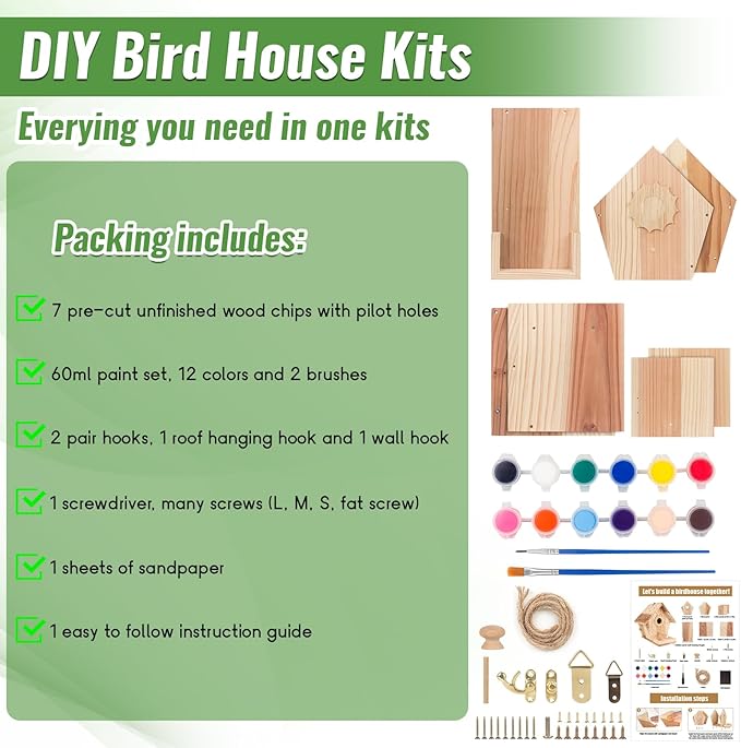 Bird Houses for Outside to Build, DIY Birdhouse Kit with Paint Set, Wooden Bird House with Feeder Trough, Natural Woodworking Kits for Kids and Adults Bird Nest