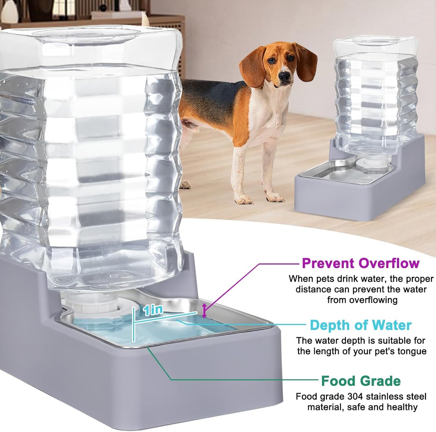 Automatic Water Dispenser Large: Upgraded 100% BPA-Free 8L Light Gray Stainless Steel Bowl Gravity Waterer for Medium/Large Pets