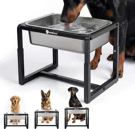 Veehoo 2.4 Gallon Elevated Outdoor Dog Water Bowl for Large Dogs | No Spill Metal Raised Dog Bowls Stand, 3 Adjustable Heights, Relief Joint Pressure, Stainless Steel Bowl, Dishwasher Safe