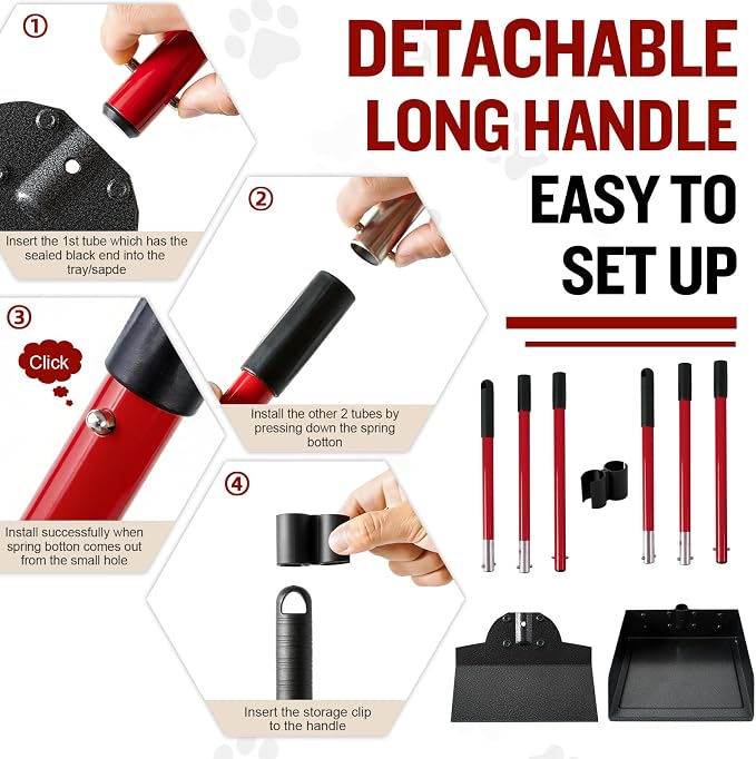 Pooper Scooper for Large Dogs, Adjustable Long Handle Metal Tray and Spade Poop Scooper for Dogs with Bin for Pet Waste Removal, No Bending Clean Up Pooper Scooper for Medium and Large Dogs,Red