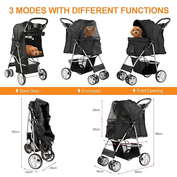 Pet Stroller for Small Dogs and CatsQuick-Folding Portable Travel Cat Dog Stroller with Storage Basket and Cup Holder, 4 Wheels, Pure Black