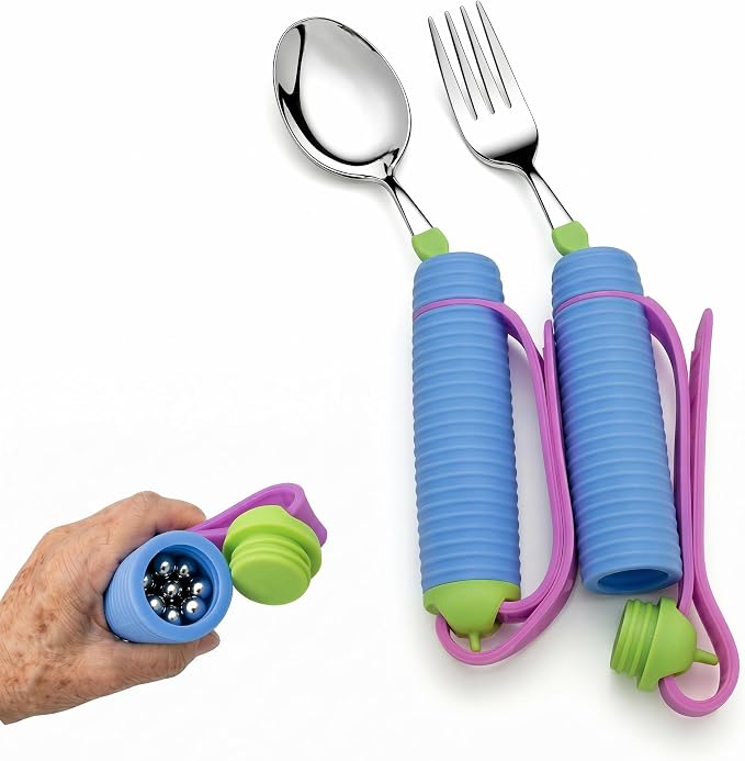 Weighted Adaptive Utensils for Enhanced Stability - Bendable, Non-Slip Utensil Set with Adjustable Wrist Strap & Customizable Weight - Assistive Eating Tools for Daily Independence (Blue)