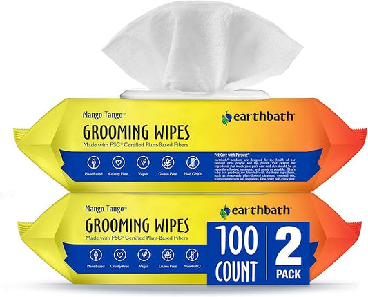 earthbath, Mango Tango Grooming Wipes - Dog Wipes for Paws and Butt, Best Pet Wipes for Dogs & Cats, Made in USA, Cruelty-Free Dog Cleaning Wipes, Removes Dirt & Dander - 100 Count (2 Pack)