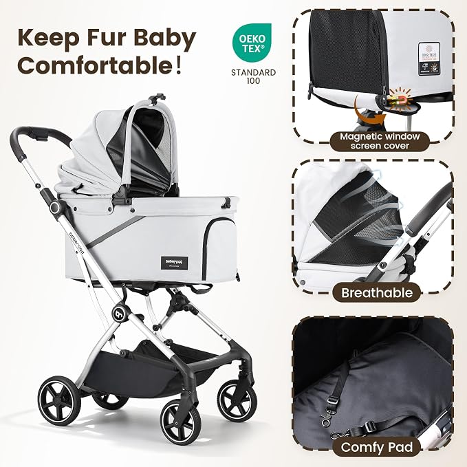 T4 Max Pet Stroller for Small Medium Dogs Cats, 4 Wheels Travel Folding Carrier Waterproof Puppy Stroller with Pad, Canopy and Cup Holder, Gray
