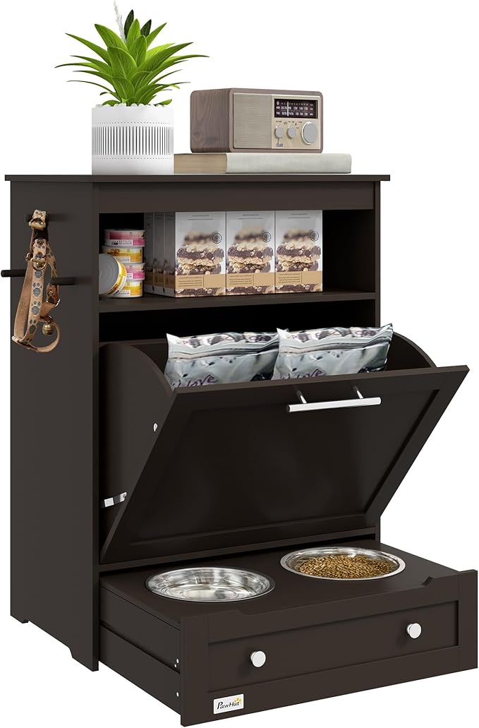 PawHut Dog Feeding Station with Raised Bowls, Pet Feeder Station, Brown | Dog Food Storage Cabinet, Hanger for Feeding & Watering Supplies