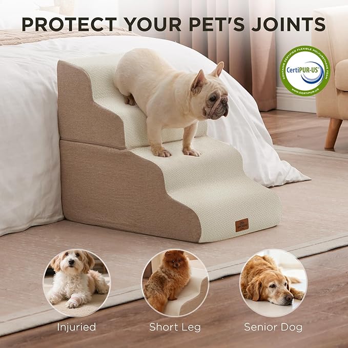 Joydeco Dog Stairs for Bed 29" H, 5-Step Pet Steps for Small Dogs and Cats, Dog Steps for High Bed, Non-Slip Balanced Ramp Indoor Pet Stairs, Beige