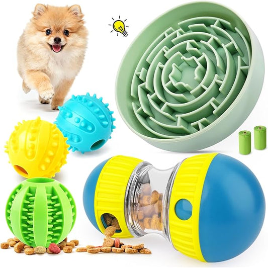 KIPRITII Dog Puzzle Feeder Set with Slow Feeder Bowl & Treat Ball | For Small & Medium Dogs,Adjustable Food Dispensing,Mental Stimulation,Interactive Play