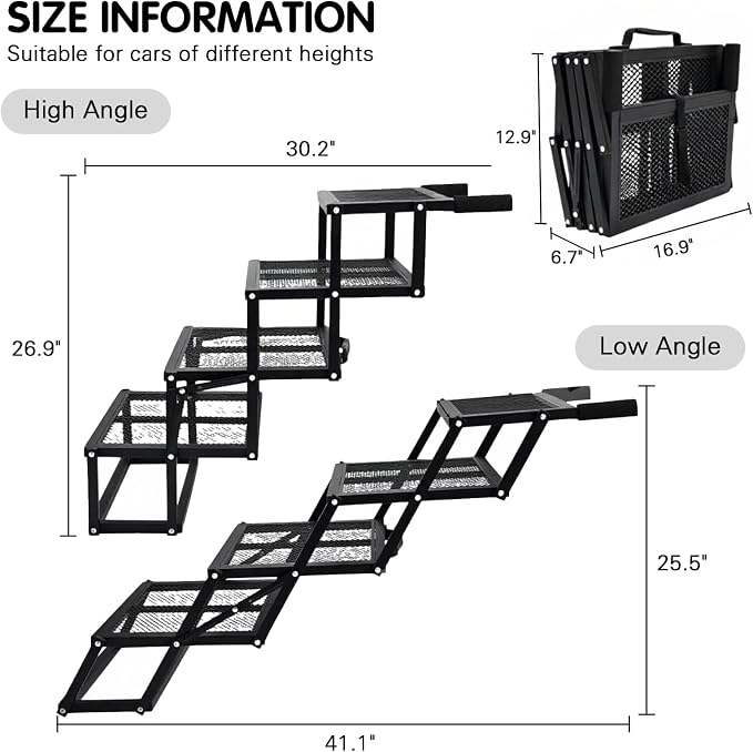 DGSL Folding Dog Stairs for Car, Mesh 16.9" Wide 4-Step Non-Slip Pet Steps | Portable Pet Stairs for Vehicle Access, Large Dogs, SUVs, Trucks and Home use