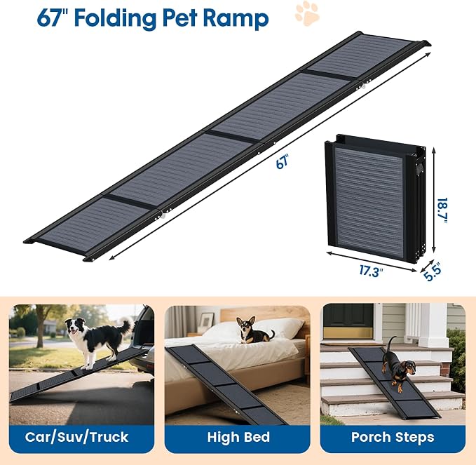 HBTower 67" L x 17.3" W Folding Dog Car Ramp for Large Dogs Up to 250 LBS | Extra Wide Dog Car Ramps, Portable Pet Ramp with Non-Slip Surface, Collapsible Design for SUV, Truck & High Beds
