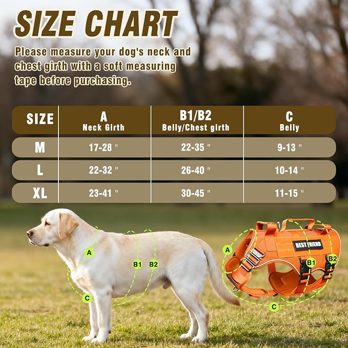 Air Mesh Tactical Dog Harness with Metal Buckles&MOLLE,Orange M | Breathable Adjustable No Pull Service Dog Vest with 3 Padded Handles,Military Dog Harness for Training Hiking Hunting Working