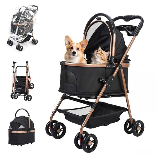 Pet Stroller with Removable Carrier | Lightweight Cat and Dog Stroller with One-Touch Folding|Aluminum Alloy Frame|900D Oxford Fabric and Rain Cover for Travel