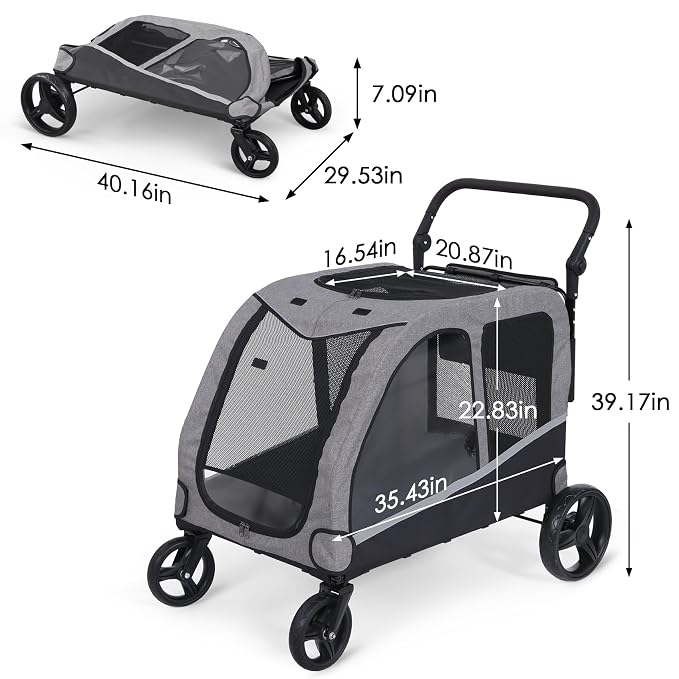 Saudism Dog Stroller for Large & Medium Dogs, Extra Large Pet Stroller, Dog Wagon for 2 Dogs, Foldable Design, Adjustable Handle, with Pocket, Up to 130 lbs
