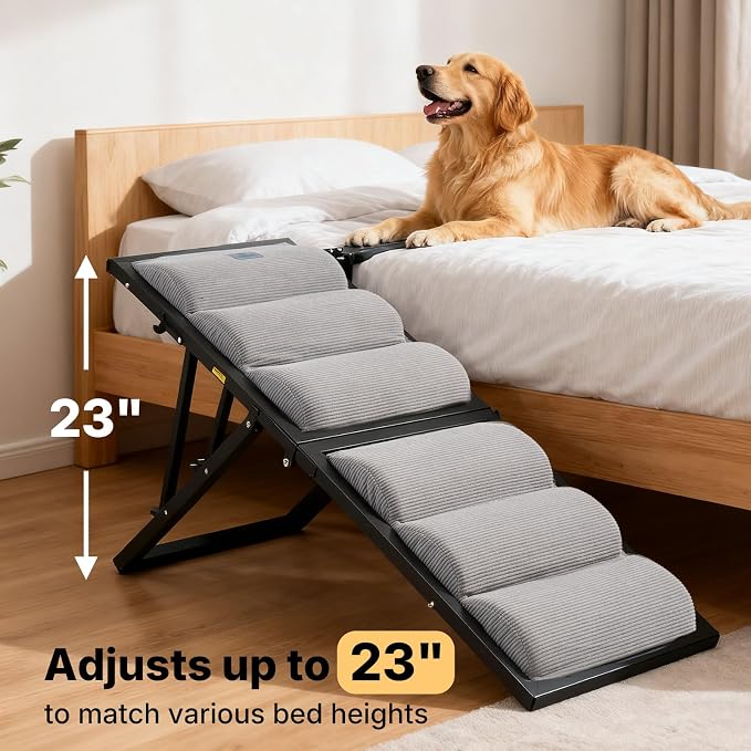 Veehoo Foldable Dog Ramp for Bed Couch Large Dogs, Adjustable 17-23'' High | Portable Dog Stairs 17" Extra Wide for Small Medium Large Pet, Folding Indoor Doggie Steps with Non-Slip Pad, up to 150lbs