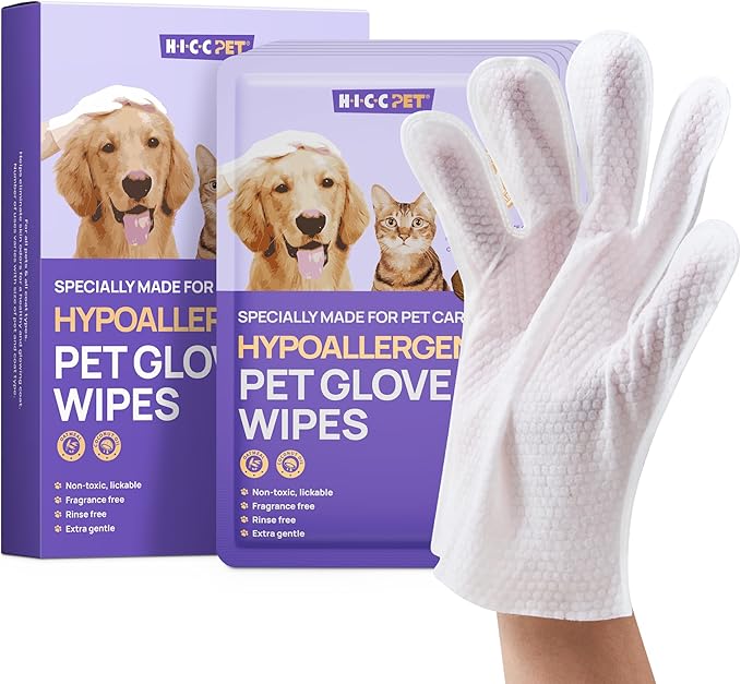 HICC PET Cleaning Deodorizing Glove Wipes for Dogs & Cats, Vet Recommended Hypoallergenic Hydrating & Nourish Fur Pet Grooming Glove Wipes, Pet Bathing Wipes for Horse Coat Care,6pcs Unscented