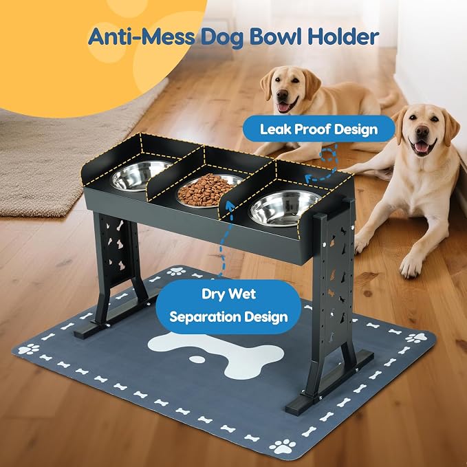 Elevated Dog Bowls for Large Breeds, Triple Dog Bowl Stand with 3 Stainless Steel Bowls, Adjustable Raised Dog Feeding Station, Slow Feeder Anti-Gulping Design, Heavy Duty