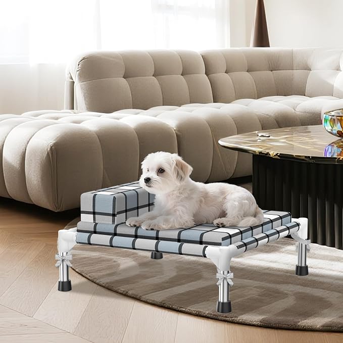 Elevated Dog Bed with Cushion & Bolster, Raised Dog Beds with Pillow & Mat | Small Cooling Lifted Indoor Outdoor Portable Lifted Pet Cot Stainless Steel Frame Indoor Outside Breathable Hammock Beds
