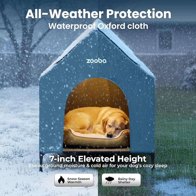 Zooba 36in Large Dog House Outdoor, Elevated Dog Bed with Canopy, Blue | Weather-resistant 600D PVC canopy, breathable 2x1 Textilene elevated bed, steel frame; indoor or outdoor; easy to clean