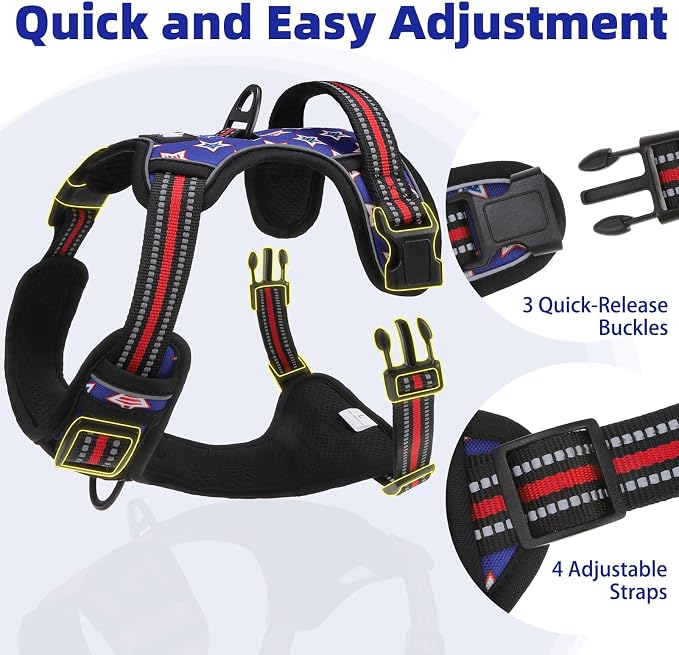 PUPTECK No Pull Tactical Dog Harness Medium Sized, Adjustable Reflective Dog Harness with Handle Easy Control, Comfortable Soft Padded Pet Vest Harness for Medium Dogs, Blue Stars M