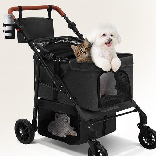 Dog Stroller for Small Pets, All-Terrain 4-Wheel Cat & Dog Carrier with 360° Front Wheels, Adjustable Handle & Canopy|Cup Holder & Storage Basket|Foldable in One Step|Ventilated Design for Comfort