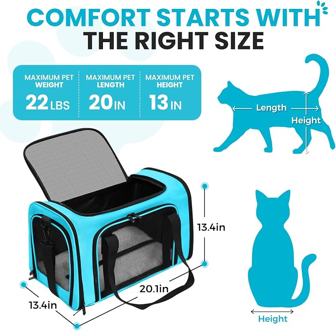 Soft-Sided Cat Carrier Expandable Pet Carrier Airline Approved Mesh Travel Carrier Up to 22lbs for Cats Small Dogs Collapsible Escape-Proof with Shoulder Strap Washable (20x13x13 Blue)