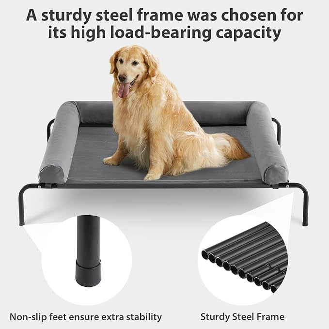 RRPETHOME Elevated Cooling Dog Cot Bed, Large Raised Outdoor Dog Bed | Elevated cooling cot with U-shaped bolster for spine,breathable mesh,portable outdoor bed for large dogs,skid-resistant feet.