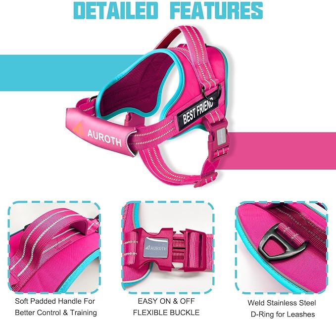 AUROTH Dog Harness for Large Dogs No Pull Tactical Harness and Leash Set | with Leash Clips, LED light clip, Breathable Mesh Padded No Choke, Easy Walking and Training, Rose Red, Large