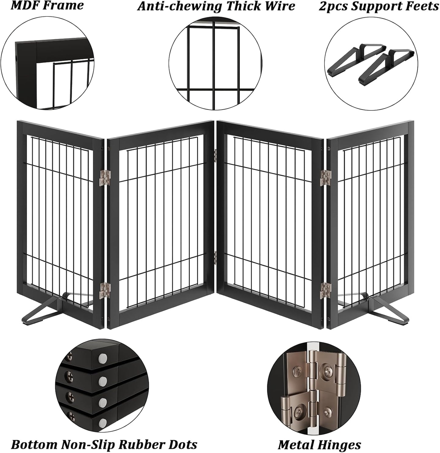 Dog Gate Wire Dog Gates for House Doorways Stairs 24-Inch Freestanding Pet Gate Puppy Fences Indoor (4 Panel, Black)