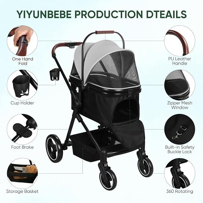 3-in-1 Foldable Pet Stroller for Dogs & Cats, 33lbs | All-terrain 7"/10" wheels | Compact storage | Storage basket | Breathable linen | Cup holder & rear brakes