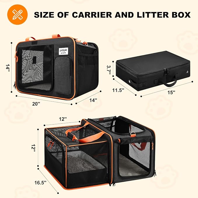 Pidipiti 20 x 14 x 14 Expandable car Travel Carrier for 1 Small-Medium cat,with a Portable Leakproof Litter Box