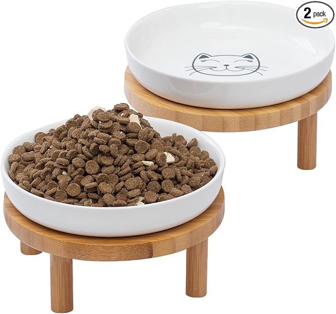 Lusifaco Shallow Elevated Cat Bowls,5.9 Inch Wide Raised Ceramic Cat Dishes with Bamboo Stand, Whisker Friendly Pet Water or Food Plates Feeding Station for Indoor Cats, Kitten(White,Set of 2)
