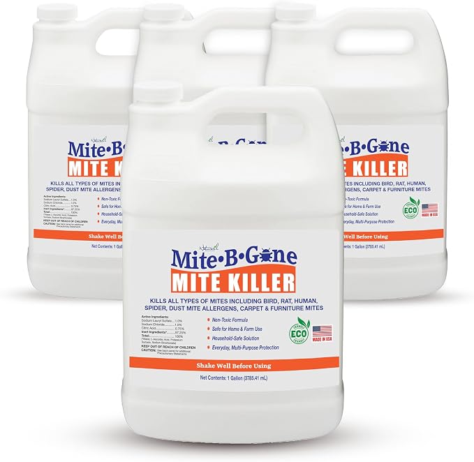 Mite Killer Treatment Spray Pack by Mite-B-Gone - Naturally Kills All Types of Mites, Human, Dust, Spider, Rat, Carpet & Bird Mites | Family & Pet Friendly | 1 Gal 4-Pack