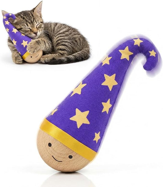 Lulu's world Wooden Interactive Cat Toy with Catnip - Nienie Tumbler Wobble Toy for Indoor Cats, Self-Righting Chaser with Wizard Hat & Stars (Purple)