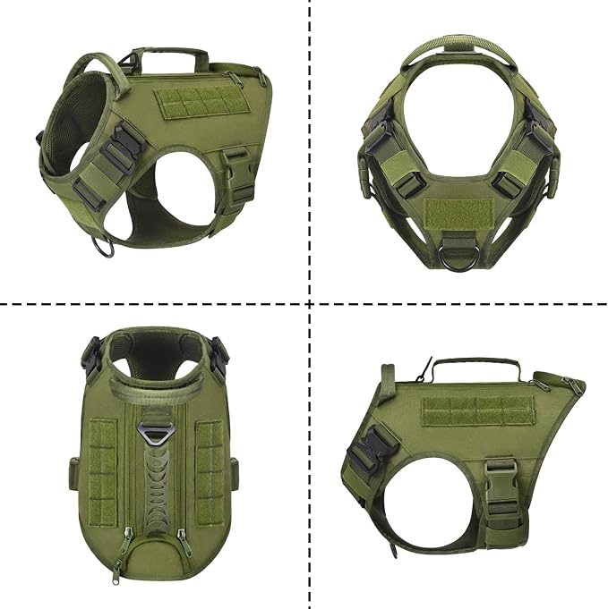 Tactical Dog Backpack Harness for Large Breed Original Design Metal Buckle Vest with Side Bags Pouches for Service Working Training (Green (with 2 Pouches), XL)