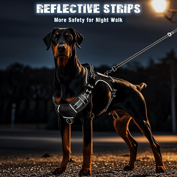 Tactical Dog Harness and Leash Set with 10 Patches for Large Dogs | Heavy Duty No Pull Service Dog Vest with Dog Seat Belt,Padded Handles,Adjustable Reflective for Training Hiking Black XL