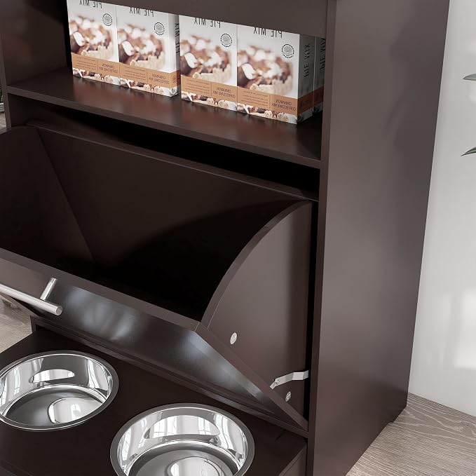 PawHut Dog Feeding Station with Raised Bowls, Pet Feeder Station, Brown | Dog Food Storage Cabinet, Hanger for Feeding & Watering Supplies