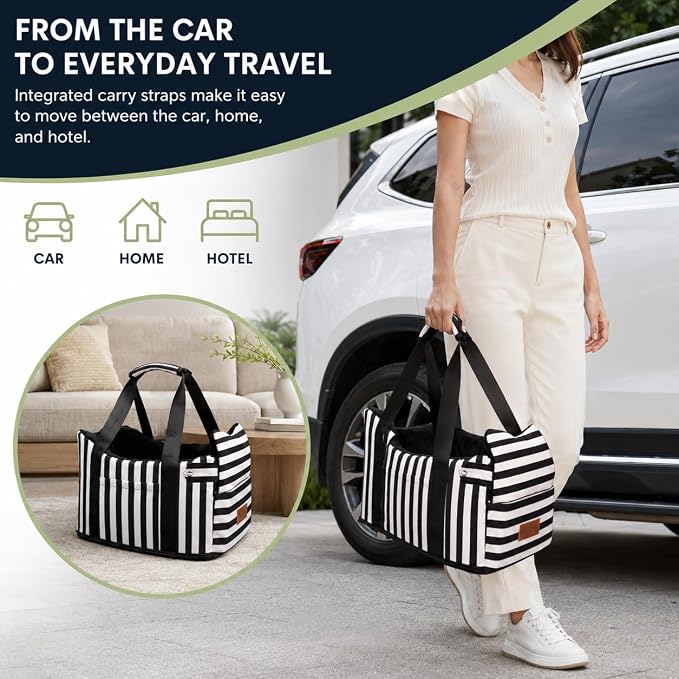 Console Dog Car Seat for Small Dogs to 15lbs (Black& White Stripes) | Center Console Puppy Booster and Portable Travel Bed, Anti-Collapse Design with Washable Fluffy Cushion