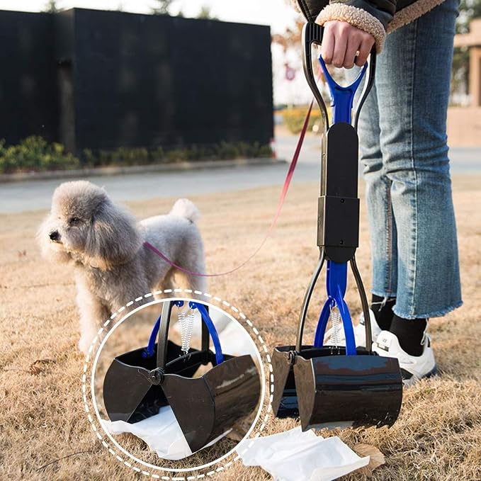 24 Inch Portable Dog Pooper Scooper for Large Small Dogs | Foldable Dog Poop Scoop with Waste Bag Dispenser & 30 Bags, Grass Friendly, Plastic, Grass Friendly, Easy to Use Lever