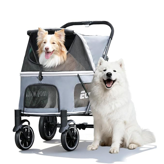EchoSmile Dog Stroller for Large Dogs, 135lbs Weight Extra Large Pet Stroller, 4 Wheels Cats & Dogs Carrier with Brakes, Breathable Mesh Windows & Pocket, Gray