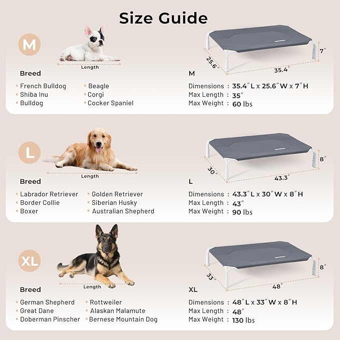ZOMISIA Raised Dog Bed Tool-Free Assembly for Medium Dogs, Dog Cot Non Slip | Outdoor Elevated Dog Cot with Waterproof Teslin Mesh, Cooling Portable Cot Pet Hammock for Camping, For Pets up to 60 lbs